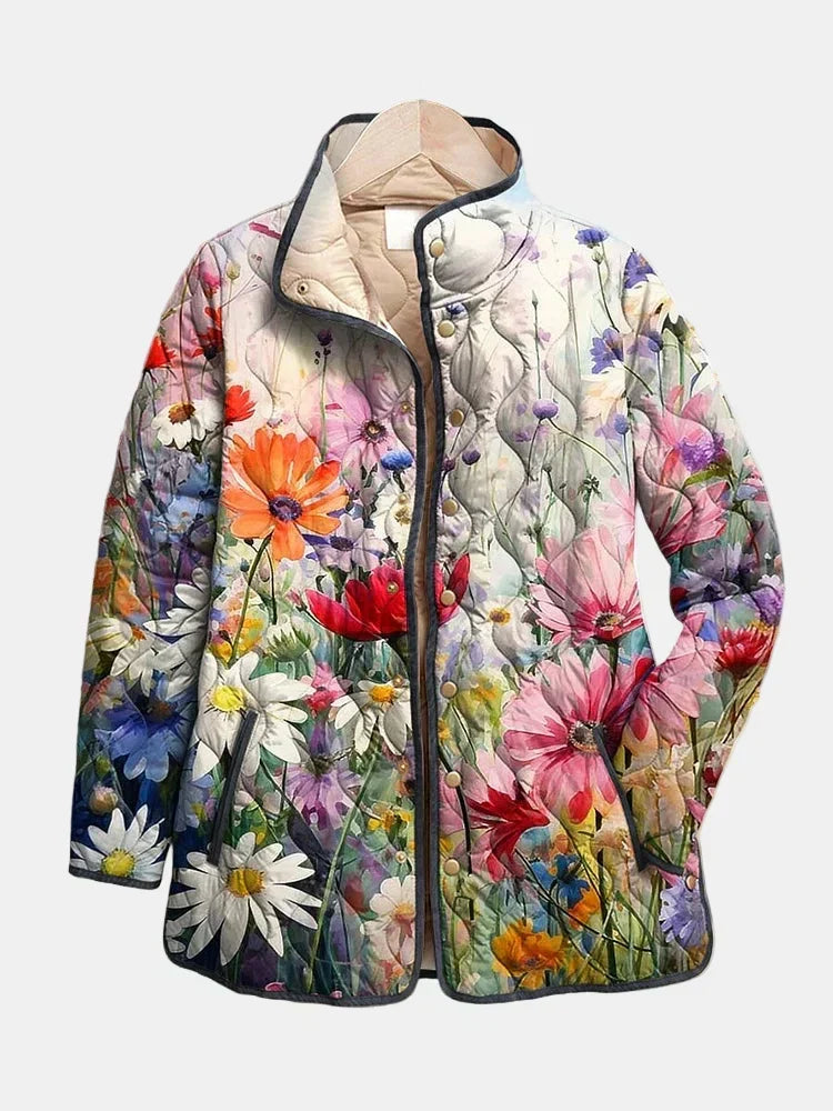 Vintage floral quilted jacket by Bennett and Lowe, featuring a classic design with floral patterns and quilted texture.