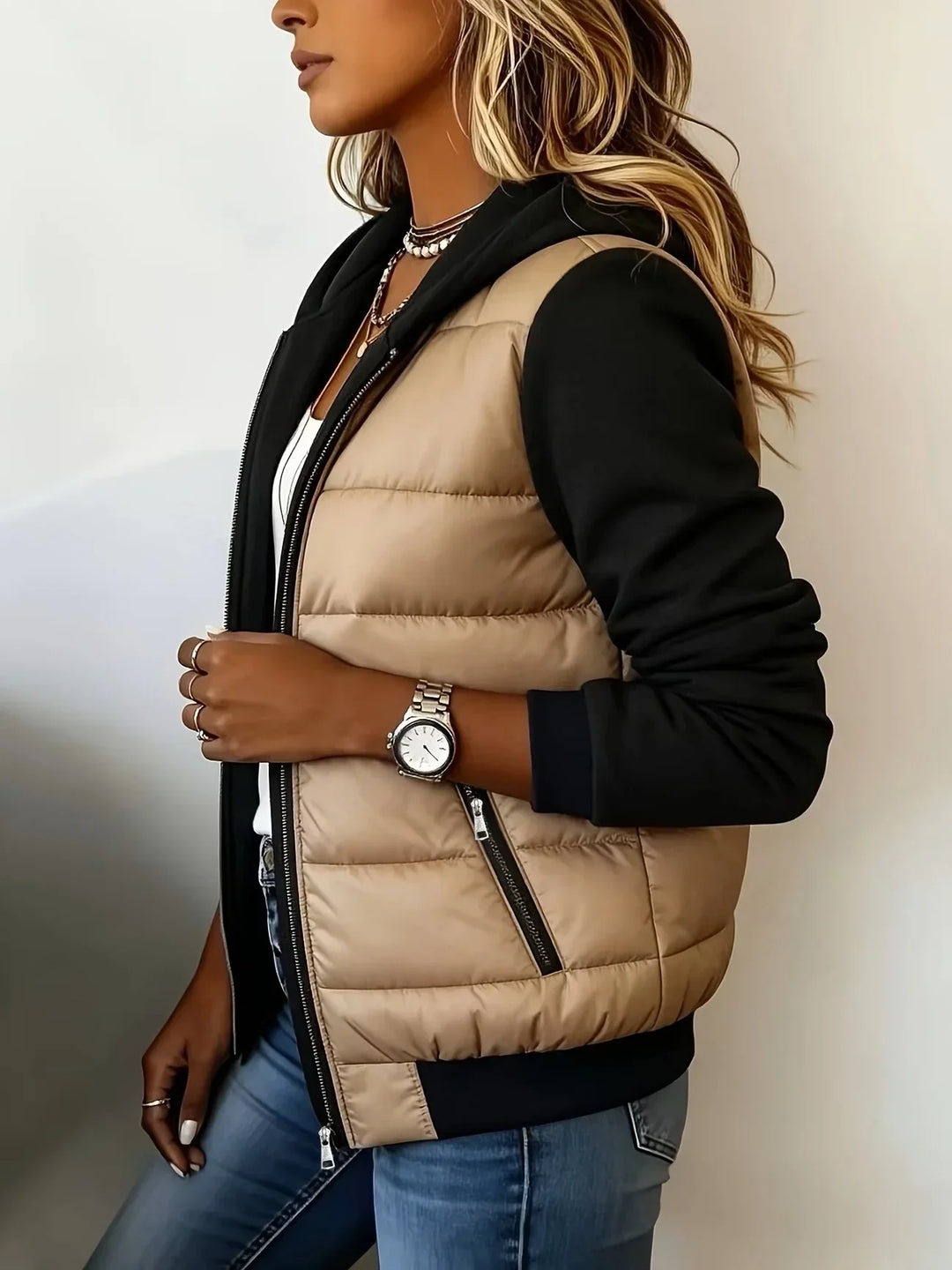 Bennett and Lowe Kinsley hooded color-block puffer jacket in a quilted design.