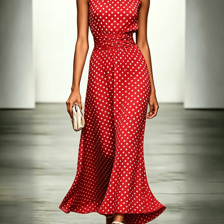Polka dot maxi dress by Bennett and Lowe featuring a flowing design and stylish pattern, displayed on a hanger.