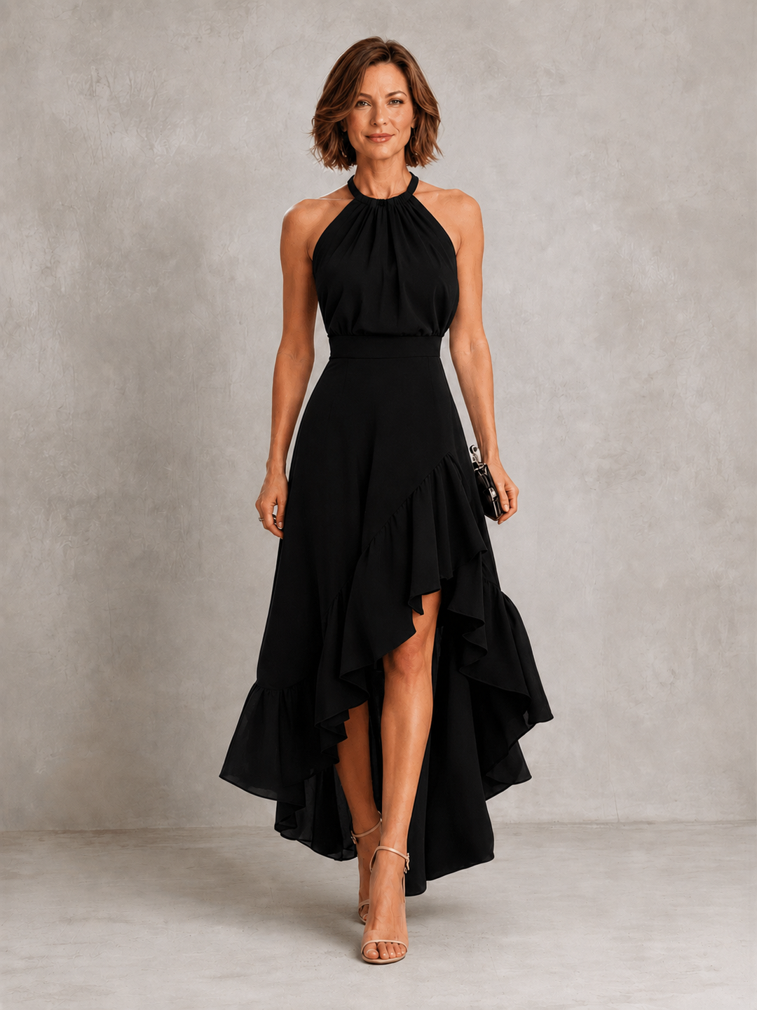 Chloe halter ruffle hem dress by Bennett and Lowe, featuring a stylish halter neckline and playful ruffle hem detail.