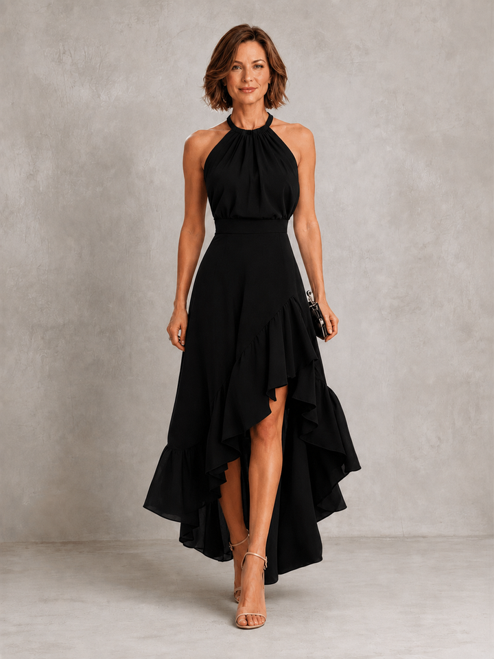 Chloe halter ruffle hem dress by Bennett and Lowe, featuring a stylish halter neckline and playful ruffle hem detail.
