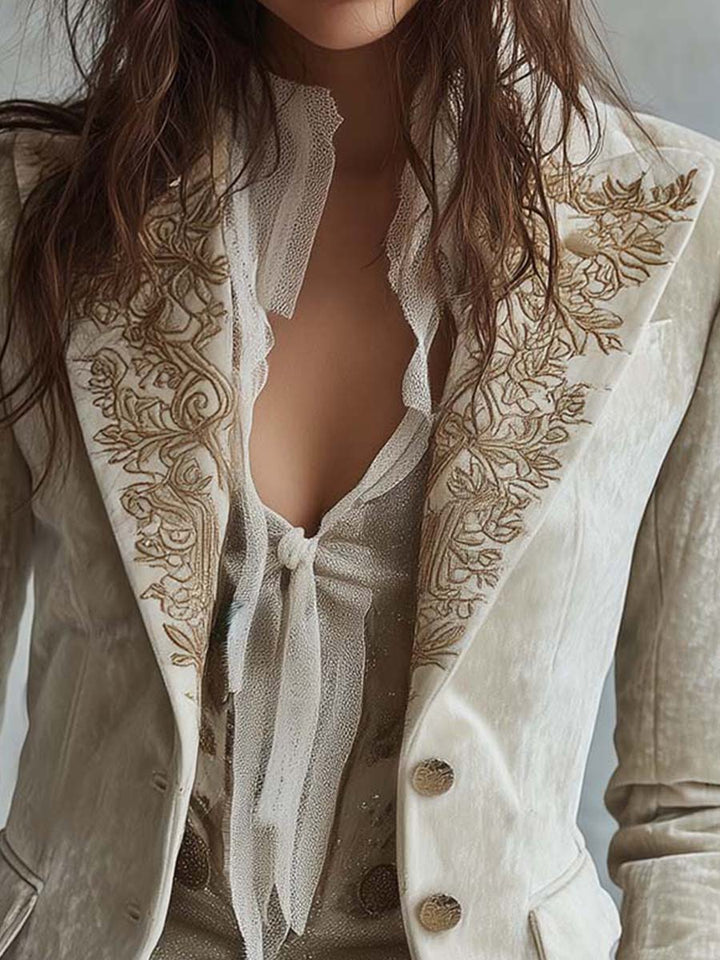 Darlene embroidered tailored long sleeve blazer by Bennett and Lowe, featuring detailed embroidery and a structured fit.