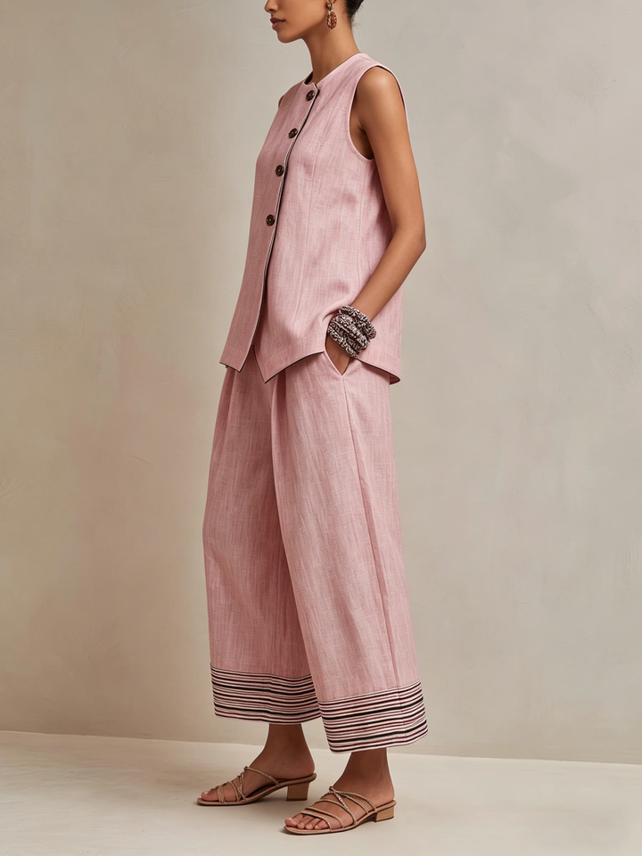 Elodie linen-blend vest and culotte set for women by Bennett and Lowe, featuring lightweight fabric and stylish, relaxed fit.