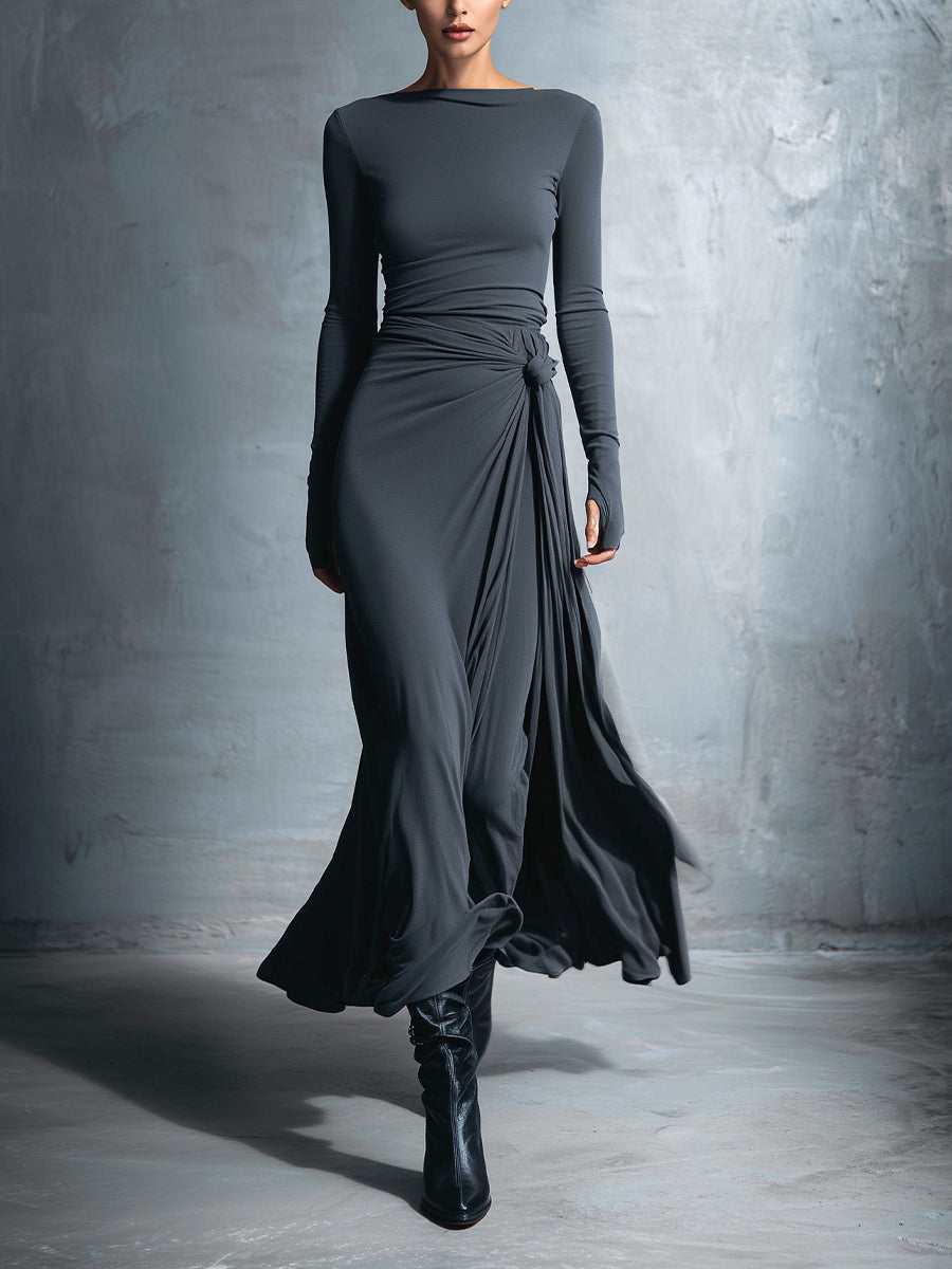 Yasmina | Long-Sleeve Side-Tie Draped Maxi Dress for Women