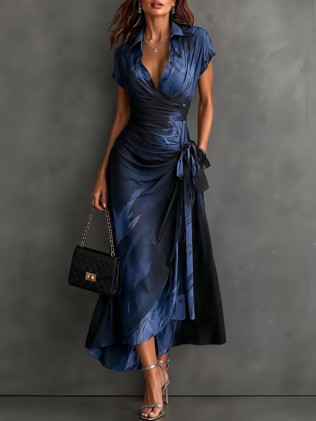 Blue abstract print midi wrap dress by Bennett & Lowe, featuring a stylish and flowing design perfect for elegant occasions.