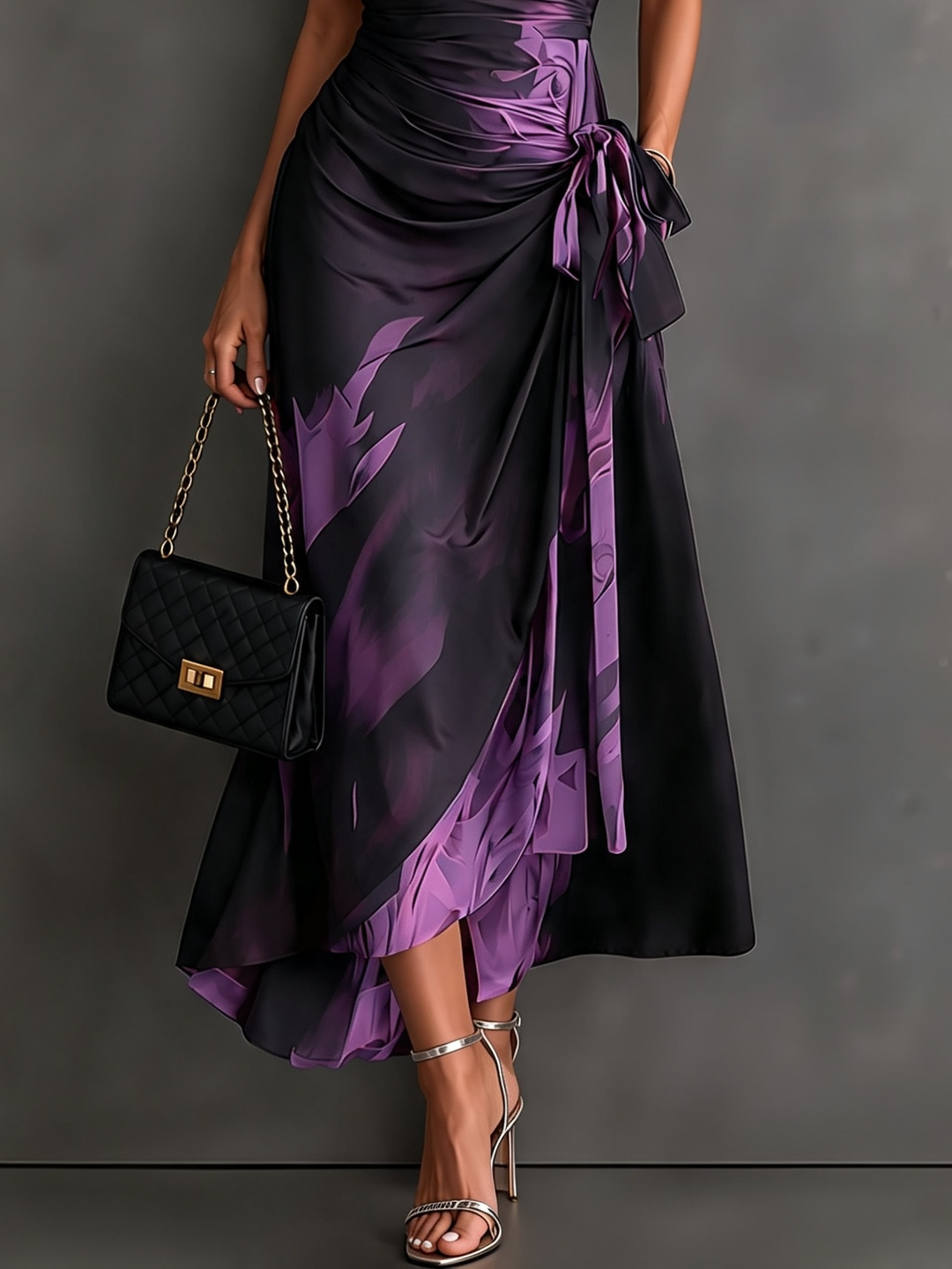 Purple abstract print midi wrap dress from Bennett & Lowe, featuring a flattering silhouette and stylish design.