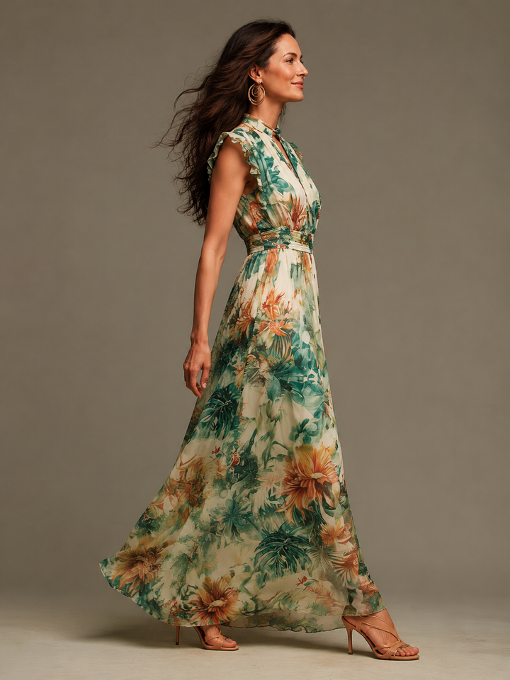 Grace painted tropical chiffon dress by Bennett and Lowe, featuring vibrant tropical print and flowing chiffon fabric.