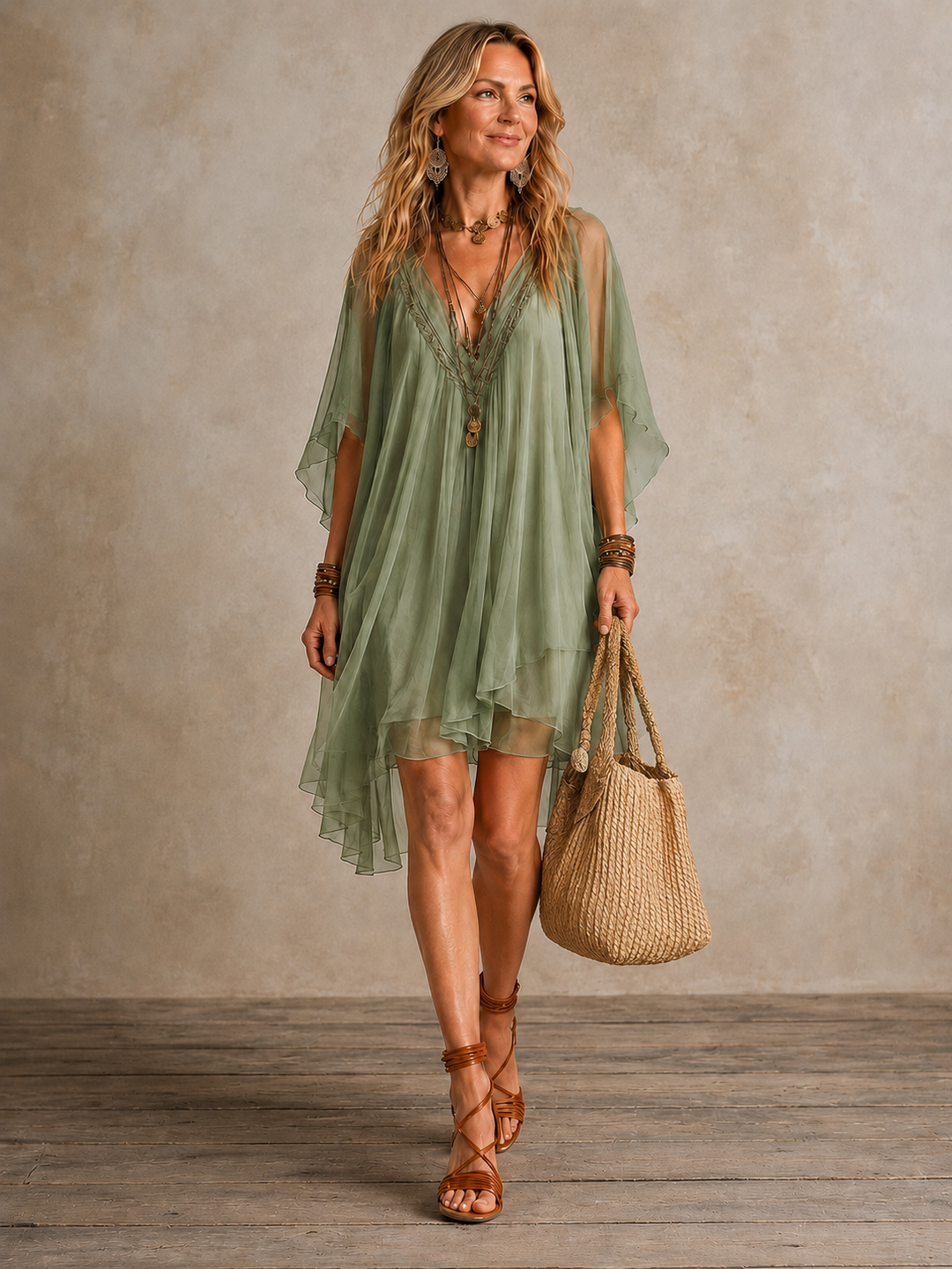 Olivia Newyork Ella tiered boho mini dress with flowing layers and bohemian style, perfect for casual summer outings.