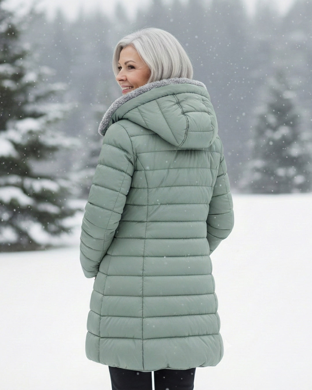 Bennett and Lowe Marguerite hooded quilted winter jacket in dark color, featuring a quilted pattern and cozy hood.