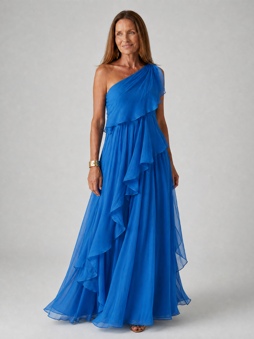Tracey Bennett and Lowe one-shoulder ruffle maxi dress with flowing fabric and elegant design, showcased on a model.