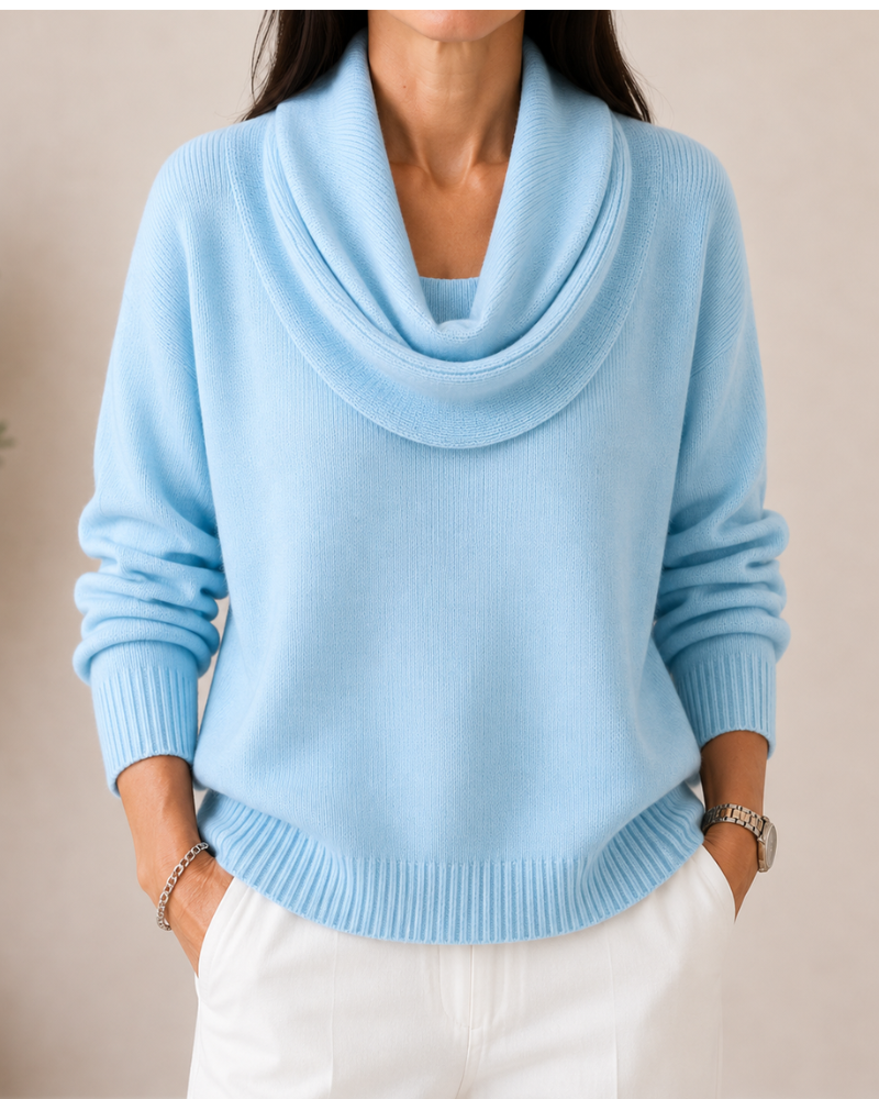 Soft cowl neck jumper by Bennett and Lowe, featuring a cozy fit and ribbed cuffs in a neutral color, perfect for casual wear