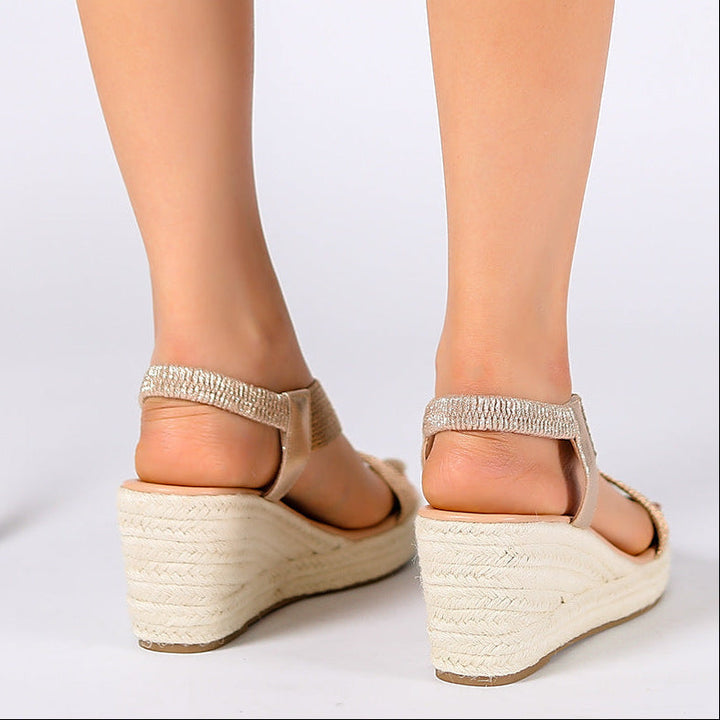 Bennett and Lowe Aroa handwoven wedge sandals with woven straps and cork wedge heel, stylish summer footwear.
