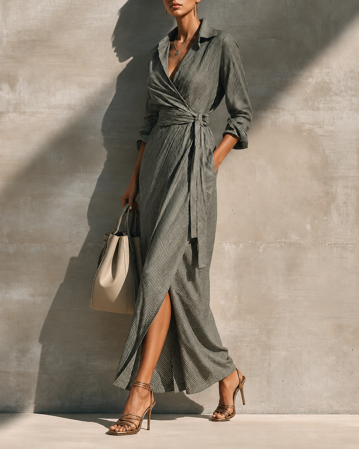 Bennett and Lowe Blessie striped long-sleeve shirt maxi dress for women, featuring a relaxed fit and stylish vertical stripe pattern.