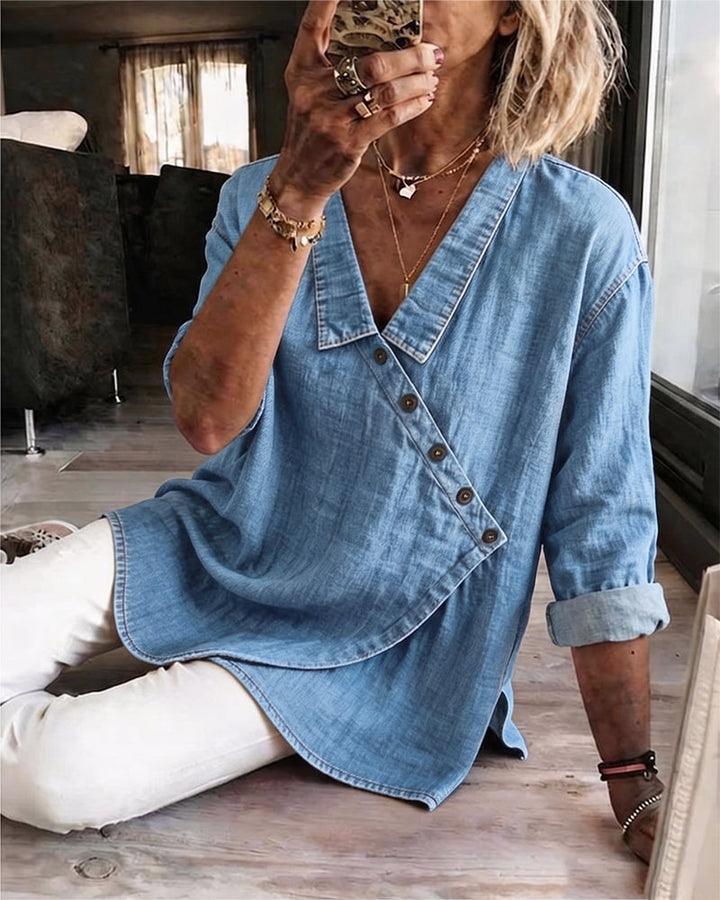Bennett and Lowe Elodie diagonal-button collared blouse for women, featuring a stylish design and classic collar detail.