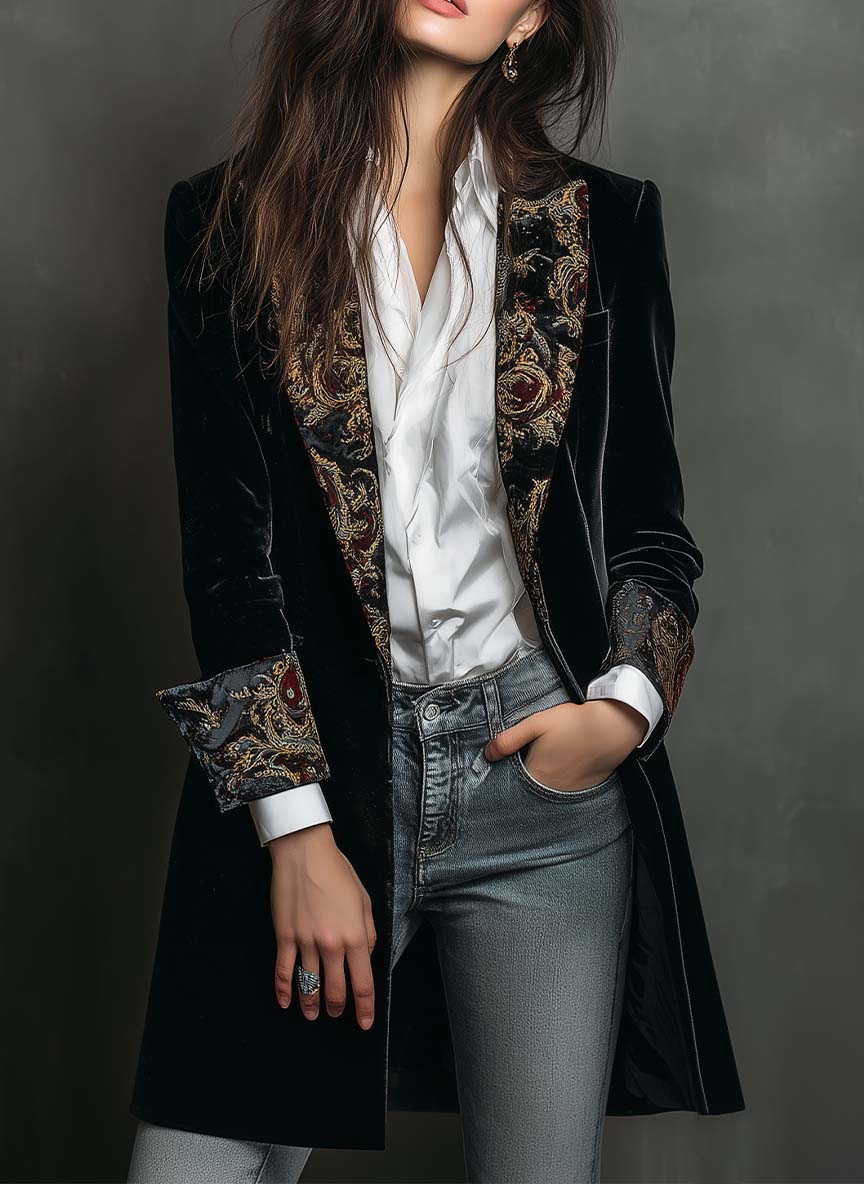 Bennett and Lowe Alison baroque-print long sleeve blazer with lapel collar, stylish and tailored for a sophisticated look.