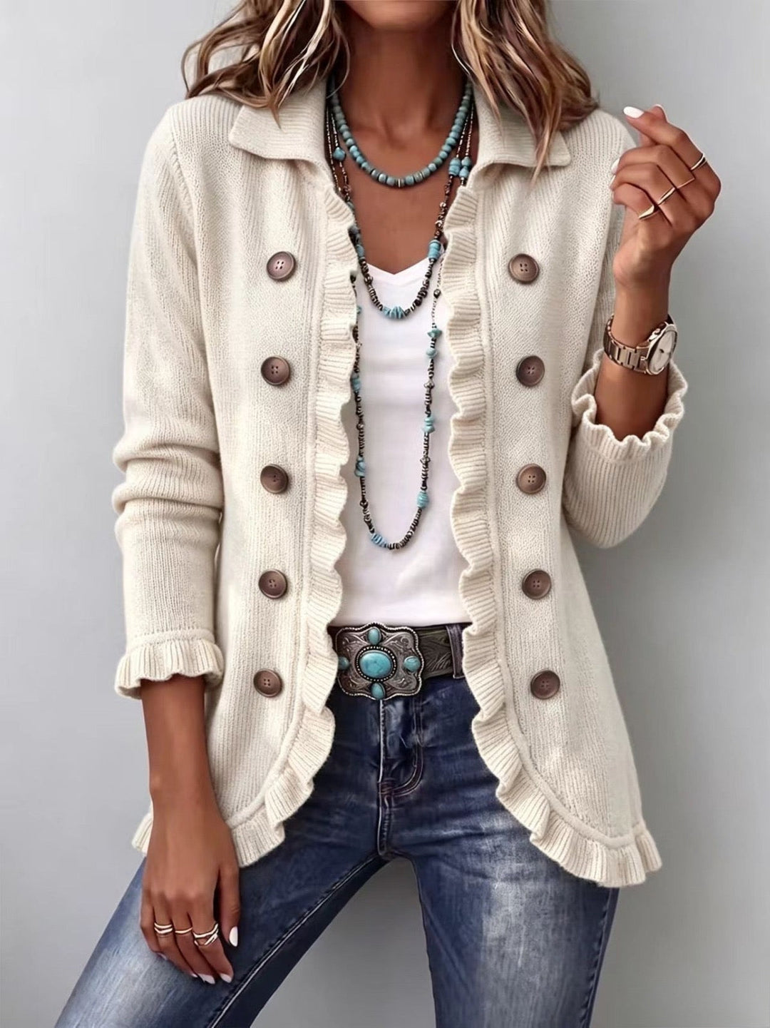 Bennett and Lowe Adeline ribbed knit ruffle jacket for women, featuring textured fabric and stylish ruffle details.