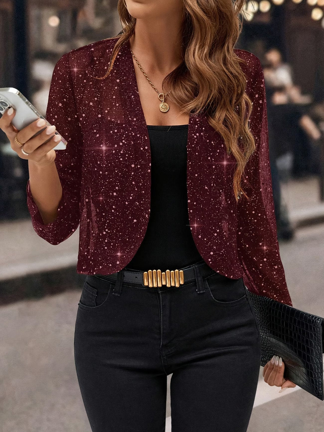 Bennett and Lowe Nerissa open-front sparkle cropped cardigan with shimmering knit texture