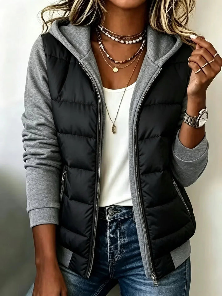 Bennett and Lowe Kinsley hooded color-block puffer jacket with quilted panels and zip front