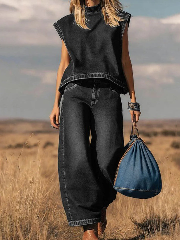 Yvonne loose wide-leg pants set by Bennett and Lowe, stylish suit with flowing wide-leg trousers and matching top.