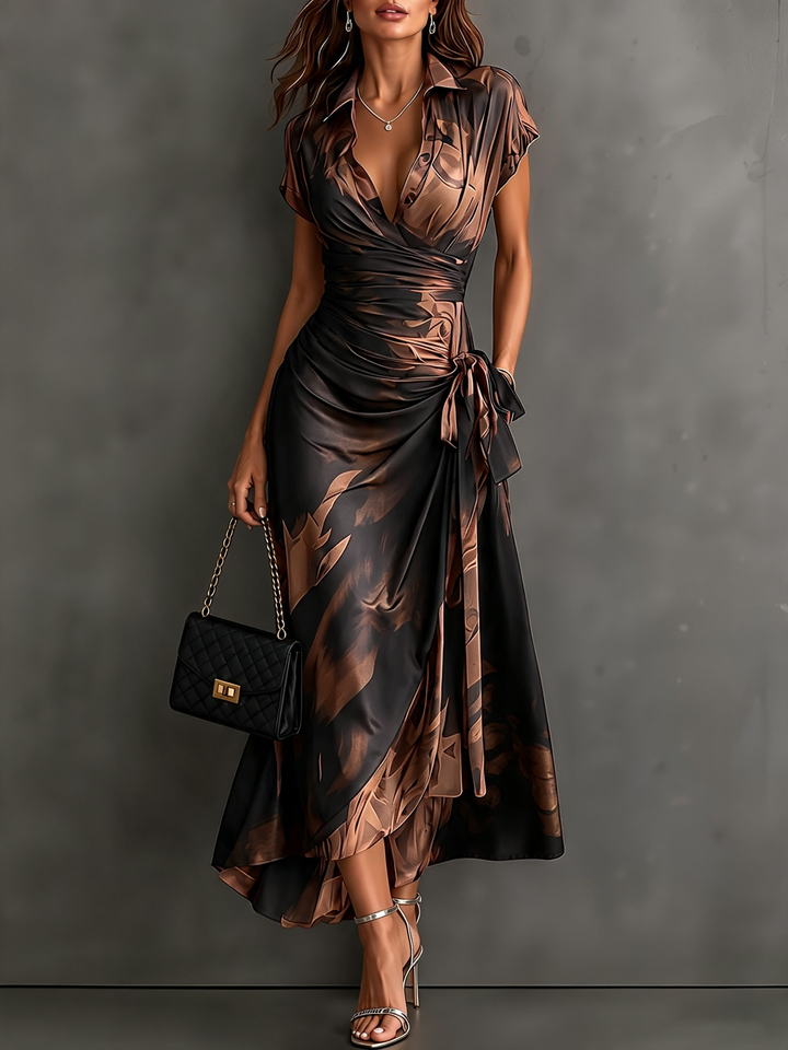 Francesca abstract print collared wrap midi dress by Bennett and Lowe, featuring a stylish maxi dress design with a vibrant pattern.
