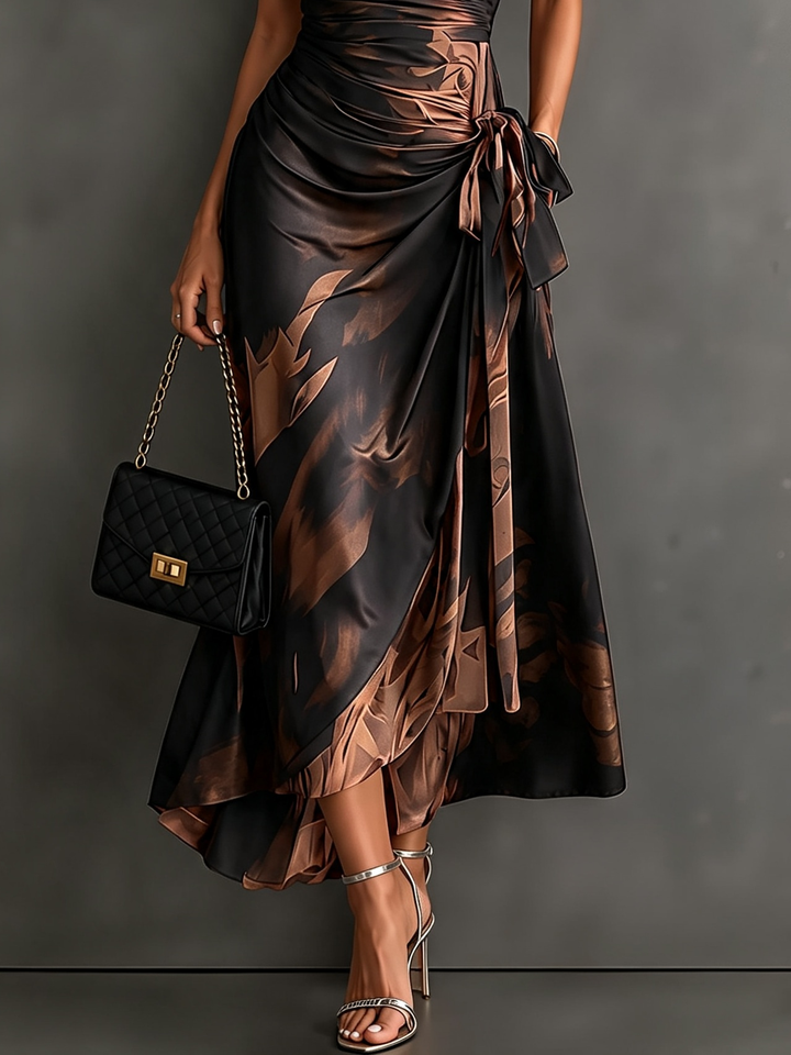 Francesca abstract print collared wrap midi dress for women by Bennett and Lowe, featuring a stylish maxi dress design with a wrap silhouette.