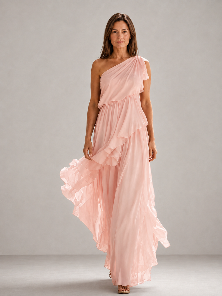 Scarlett one-shoulder ruffle maxi dress by Bennett and Lowe, flowing fabric with elegant ruffle detail and a stylish silhouette.