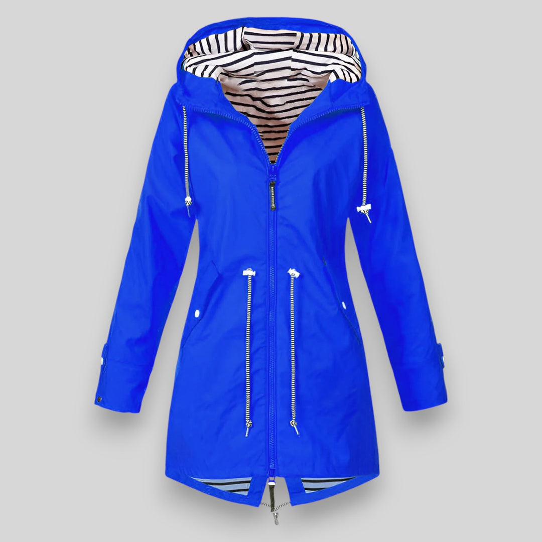 Bennett & Lowe Hollis waterproof rain jacket in dark color, with hood and front zipper, designed for outdoor protection.