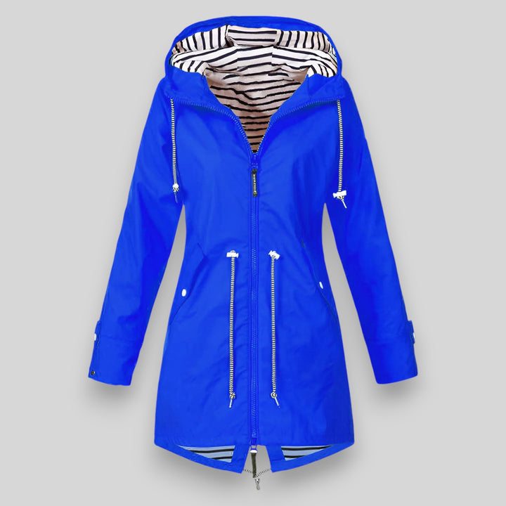 Bennett & Lowe Hollis waterproof rain jacket in dark color, with hood and front zipper, designed for outdoor protection.