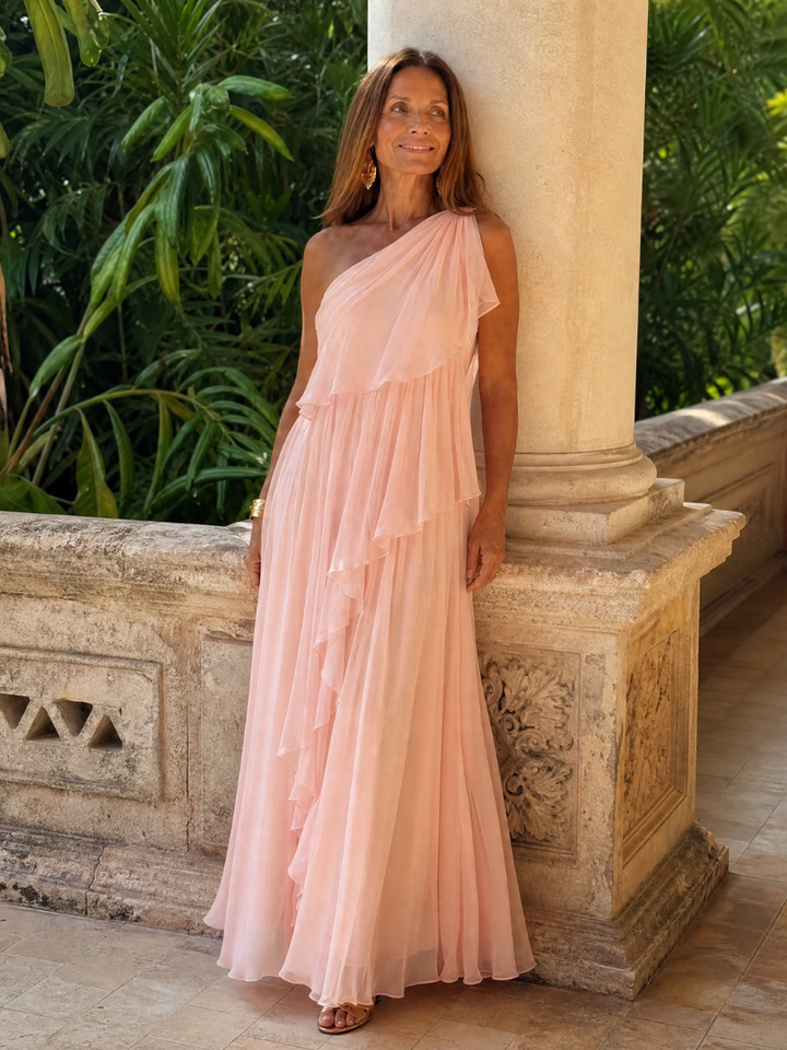 Tracey Bennett and Lowe one-shoulder ruffle maxi dress featuring flowing fabric and elegant design, perfect for formal occasions.