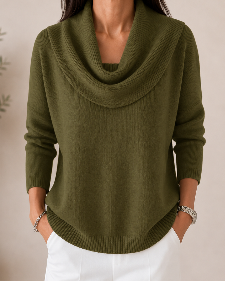 Bennett and Lowe soft cowl neck jumper in cozy knit fabric, featuring a relaxed fit and draped neckline.