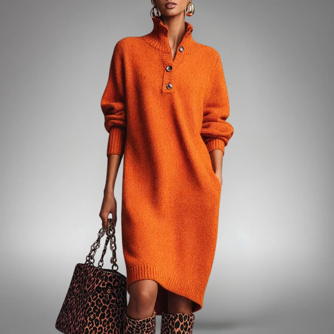 Bethany Bennett and Lowe button-collar midi dress in floral fabric displayed on a hanger, showcasing its elegant design.