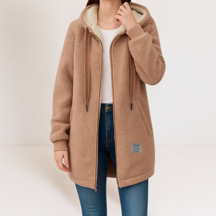 Marceline cozy hooded women's jacket by Bennett and Lowe, soft fabric with a relaxed fit, front pockets, and hood.
