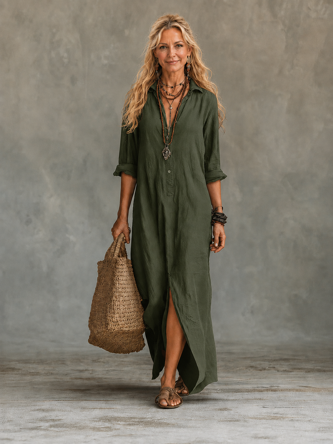 Vivienne button-down maxi dress in flowing fabric, featuring a fitted waist and long sleeves, perfect for elegant summer wear.