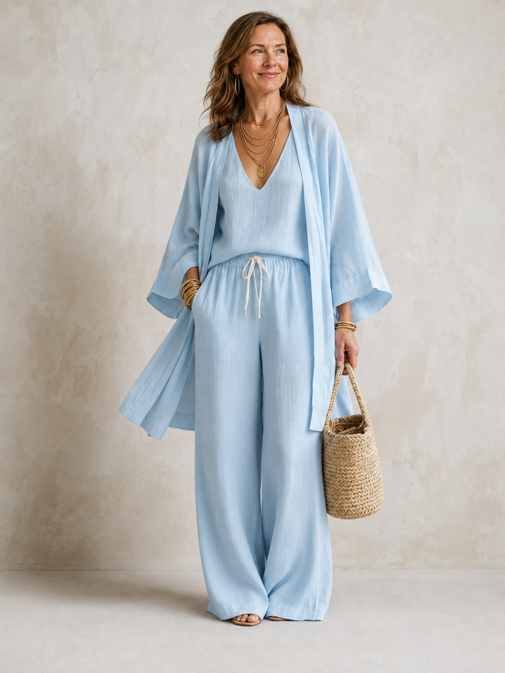 Bennett and Lowe Elena 3-piece linen look set showing a coordinated top, bottom, and accessories in soft, breathable fabric