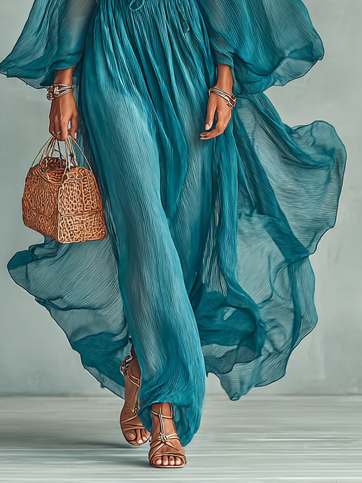 Greta | Pleated Sheer-Sleeve Belted Midi Dress for Women