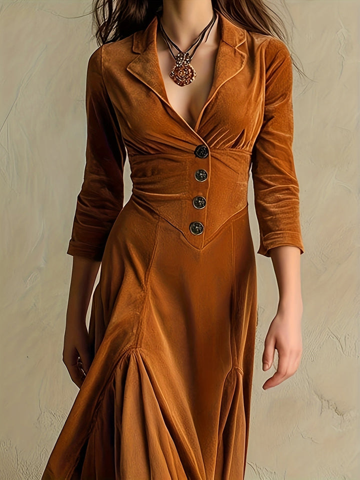 Elowenna | Collared V-Neck Button-Front 7/8-Sleeve Midi Dress for Women