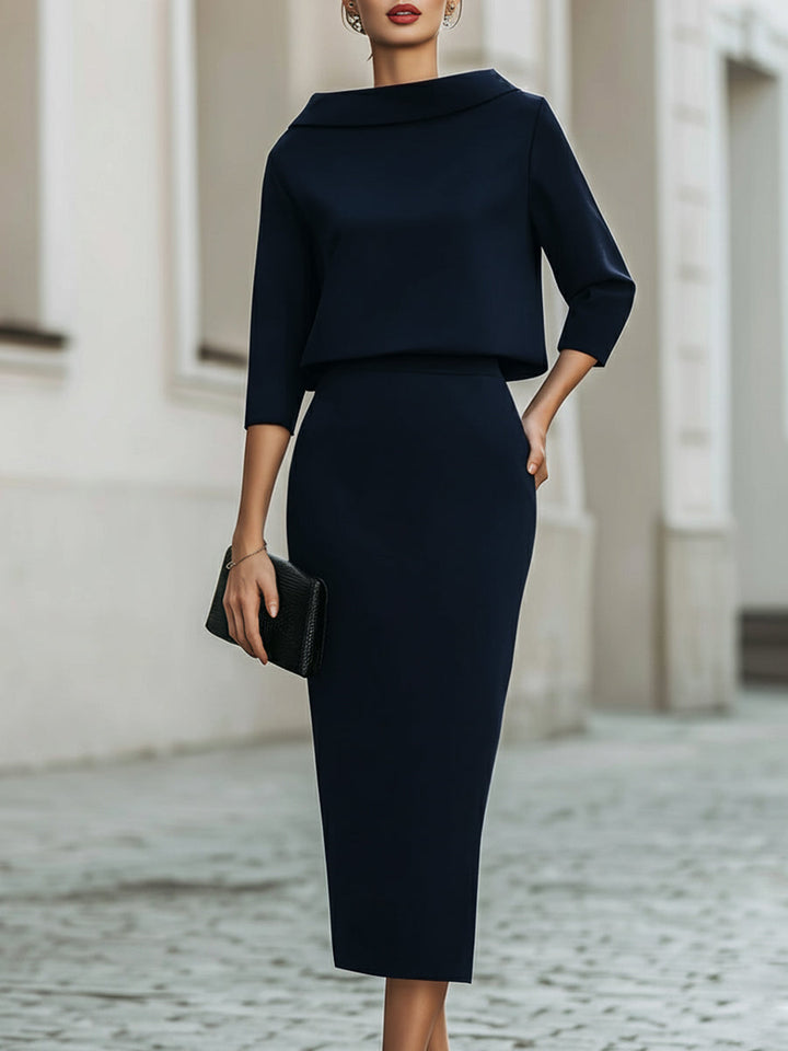 Bennett and Lowe Teresa boat-neck pants set featuring a stylish skirt and matching top, shown on a model with neutral background.