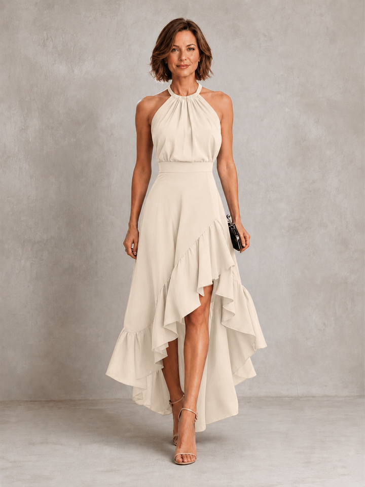 Bennett and Lowe Chloe halter dress with ruffle hem, stylish most-loved dress featuring a flattering silhouette and elegant details.
