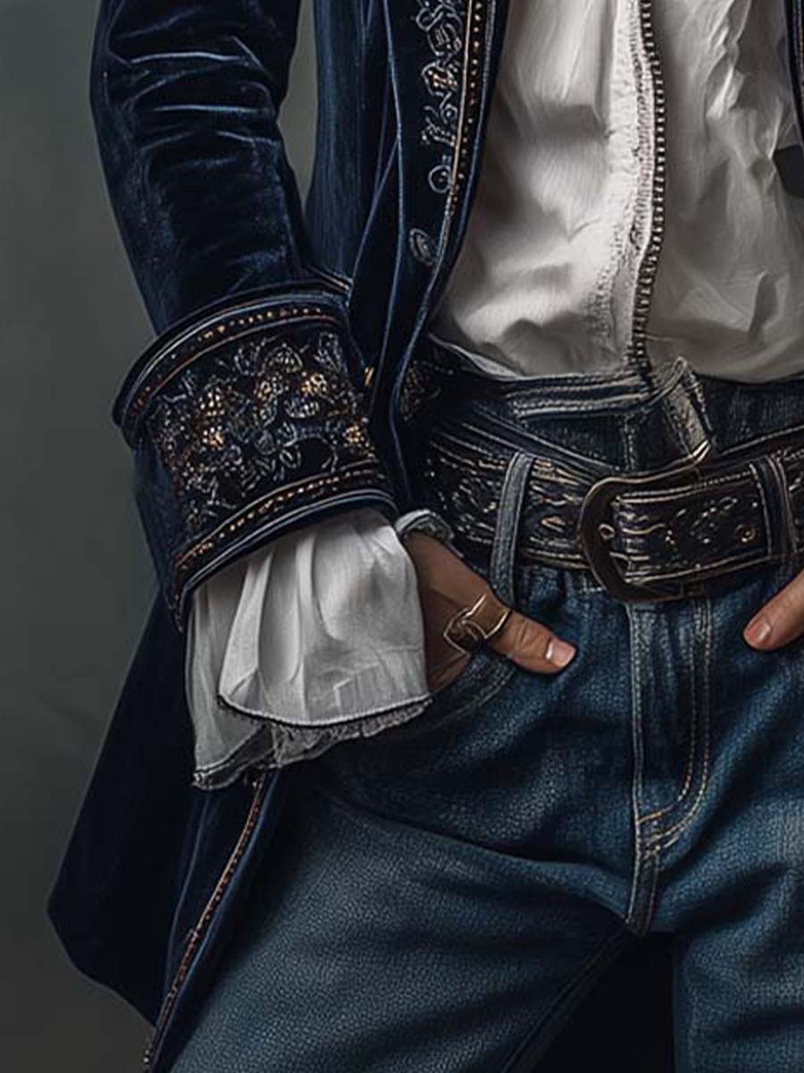 Embroidered longline blazer by Bennett and Lowe featuring intricate embroidery and tailored fit, styled for a sophisticated look.