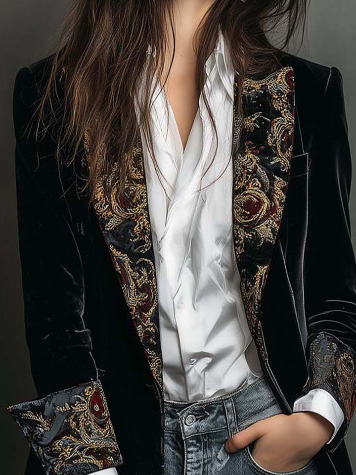 Bennett and Lowe Alison baroque-print long sleeve lapel blazer with structured fit and intricate pattern details.