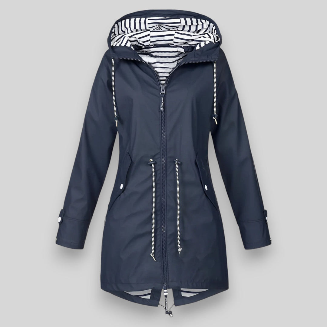 Bennett & Lowe Hollis waterproof rain jacket in navy, lightweight outdoor rain jacket with adjustable hood and sealed seams.
