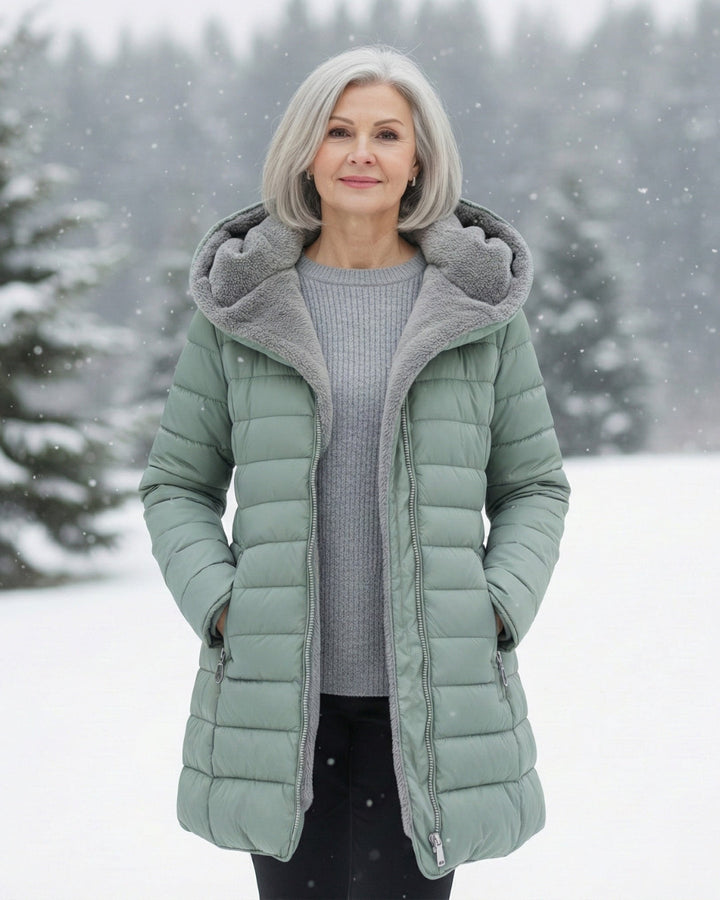 Bennett and Lowe Marguerite hooded quilted winter jacket with a padded design and adjustable hood, suitable for cold weather.