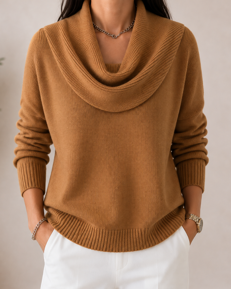 Bennett and Lowe soft cowl neck jumper in cozy knit, featuring a draped neckline and long sleeves for a casual, stylish look.