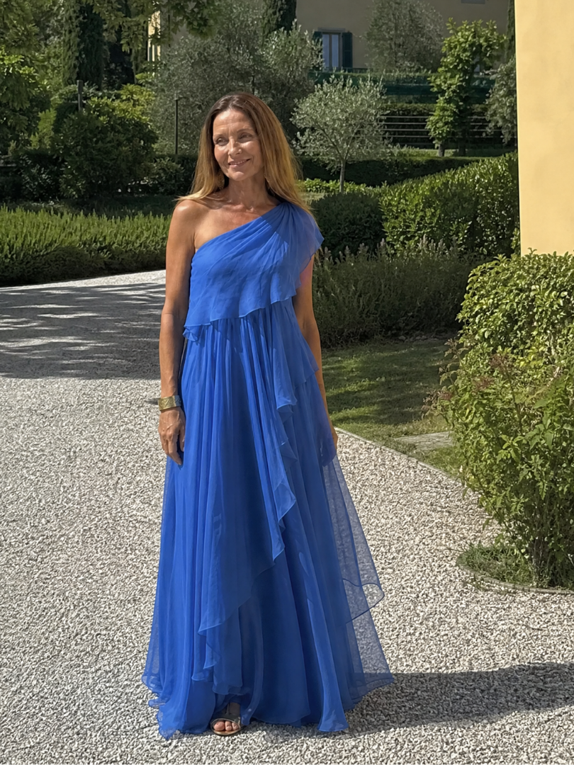 Tracey Bennett and Lowe one-shoulder ruffle maxi dress in flowing fabric, featuring a stylish asymmetrical design and elegant ruffle details.