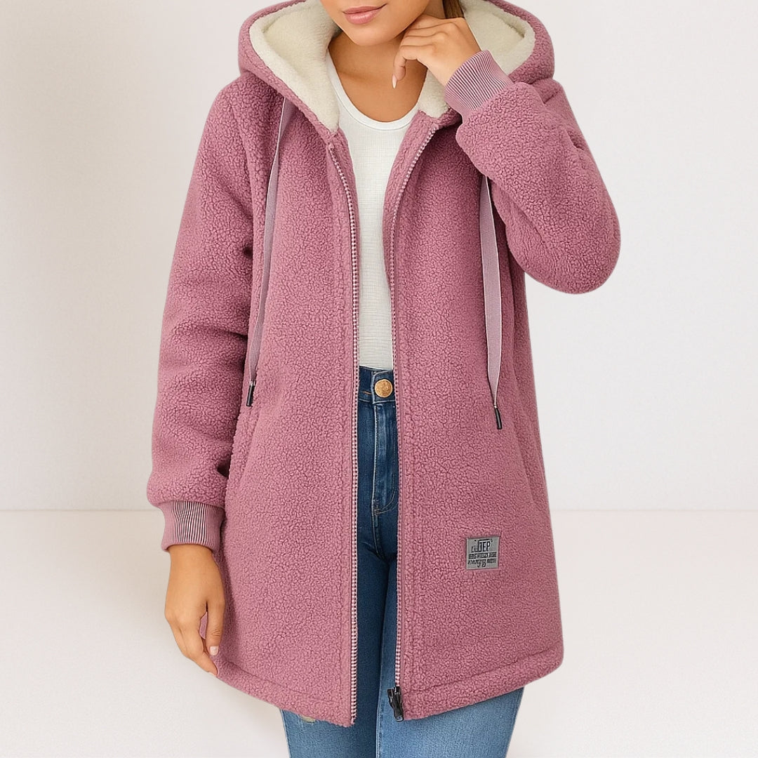 Marceline cozy hooded jacket for women by Bennett and Lowe, shown in a stylish, comfortable design with a front zipper and hood.