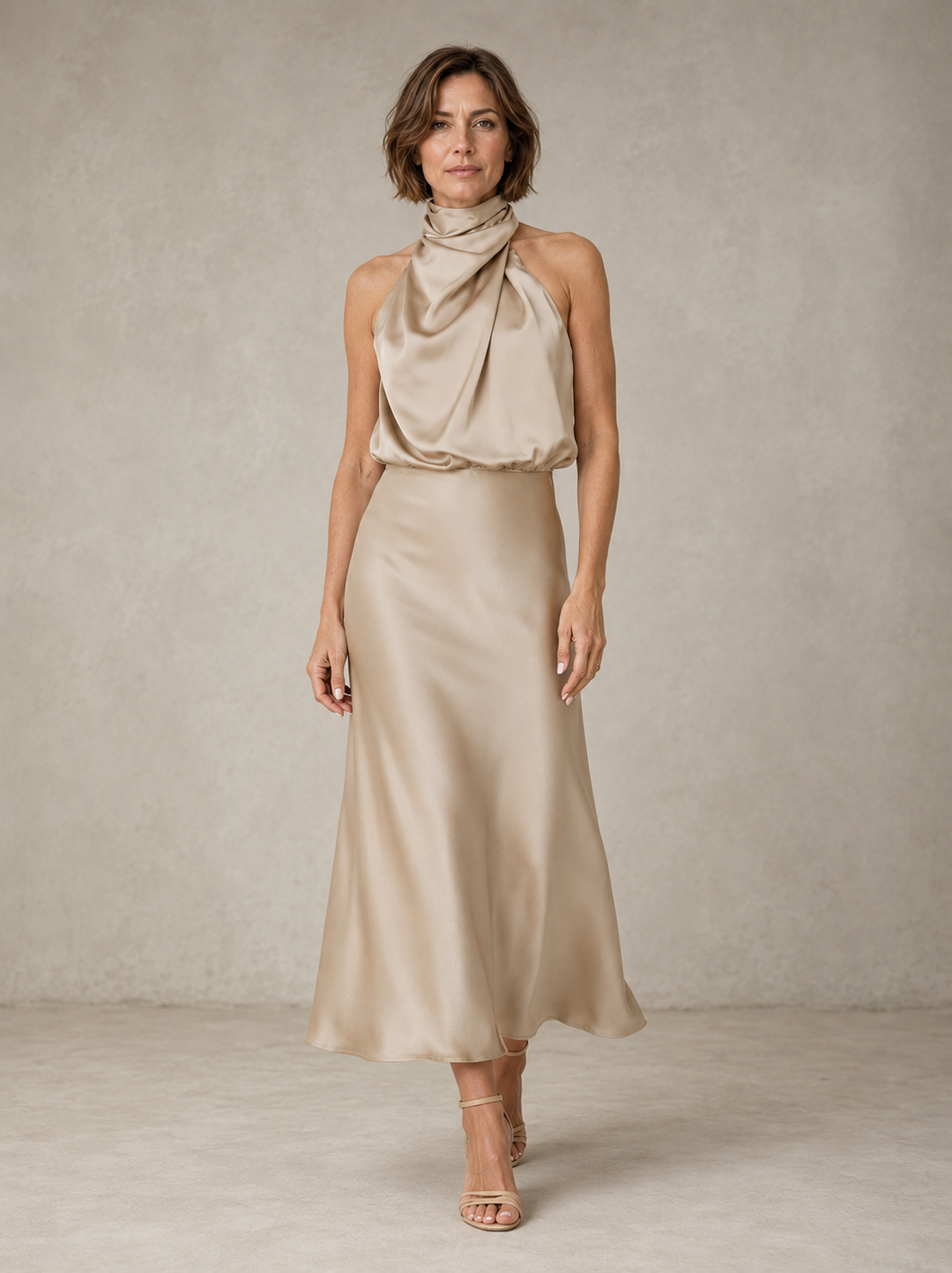Violet & Grace Harper halter satin evening dress in elegant black, featuring a sleek halter neckline and flowing satin fabric.