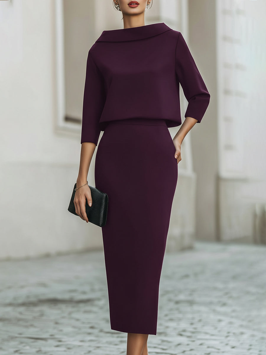 Bennett and Lowe Teresa boat-neck pants set with a stylish skirt and top, shown in a close-up of the outfit's fabric and design details.