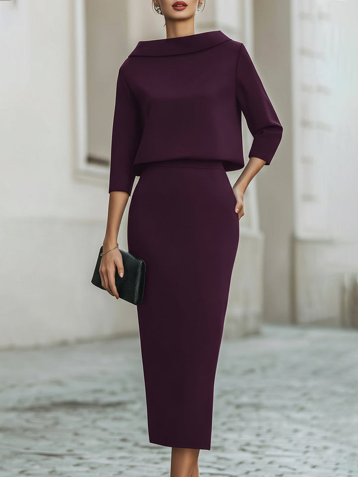 Bennett and Lowe Teresa boat-neck pants set with a stylish skirt and top, shown in a close-up of the outfit's fabric and design details.