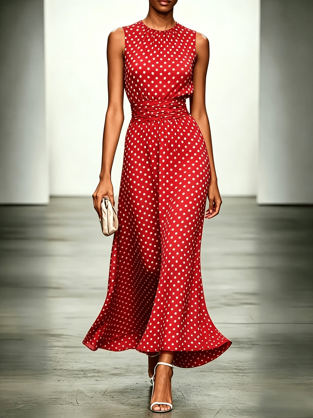 Polka dot maxi dress by Bennett and Lowe featuring a flowing silhouette and stylish pattern, displayed on a hanger.
