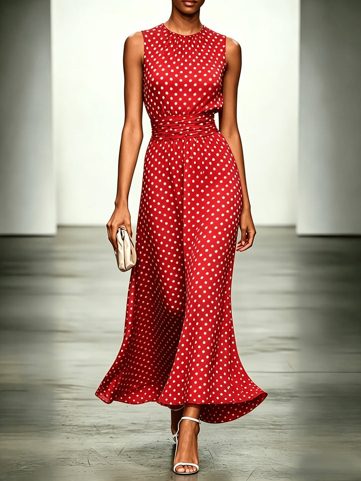 Polka dot maxi dress by Bennett and Lowe featuring a flowing silhouette and stylish pattern, displayed on a hanger.